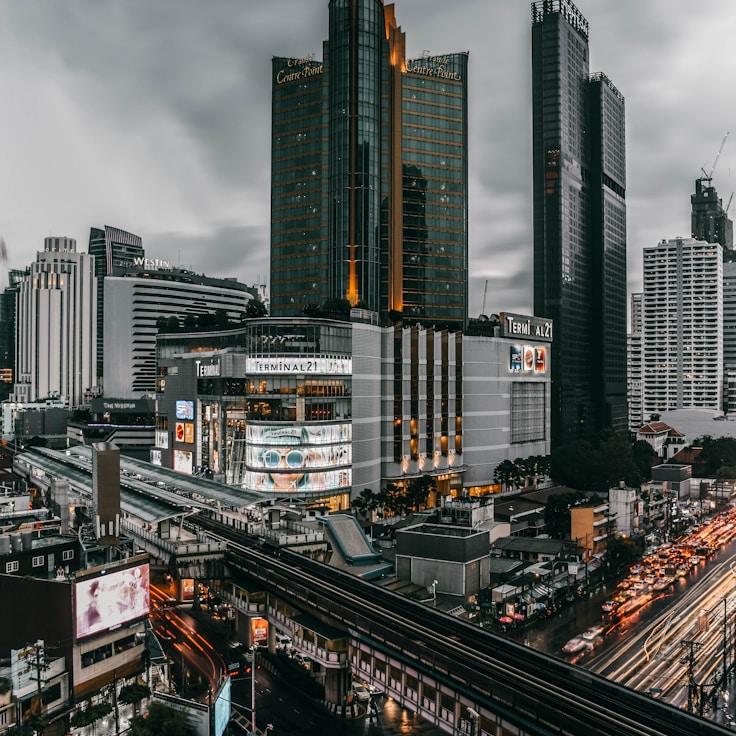 Families relaxing in a mall food court area