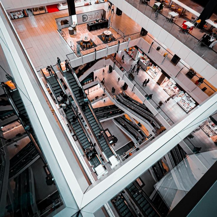 Modern shopping mall interior with family areas